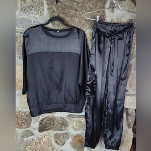 Black Silk Cargo Joggers Size Small Boxy Top Sleve Size Med Silky Chic Relaxed
